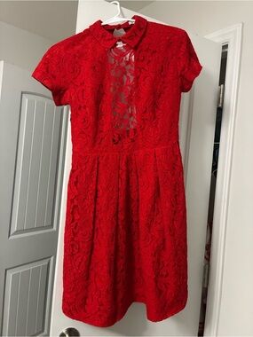 Carven Red Lace Midi Dress with Keyhole Front